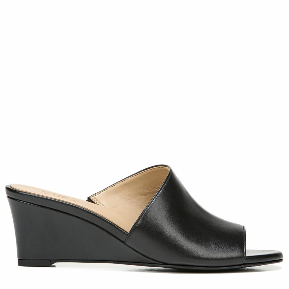 Black leather wedge heels deals
