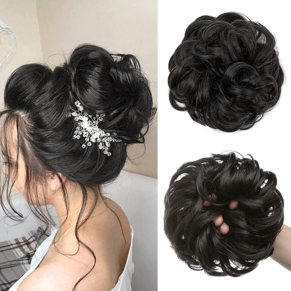 HTQWLP Large Messy Bun Hair Piece Wavy Curly Scrunchies Synthetic Chignon Ponytail Hair Extensions Thick Updo Hairpieces for Women - Off Black