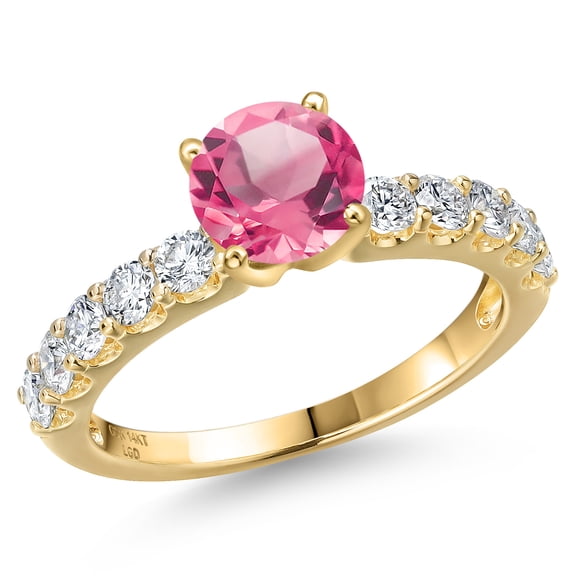 Gem Stone King 14K Yellow Gold Pink Mystic Topaz and Lab Grown Diamond Engagement Ring for Women | 2.15 Cttw | Round 6MM | Gemstone November Birthstone | Size 9