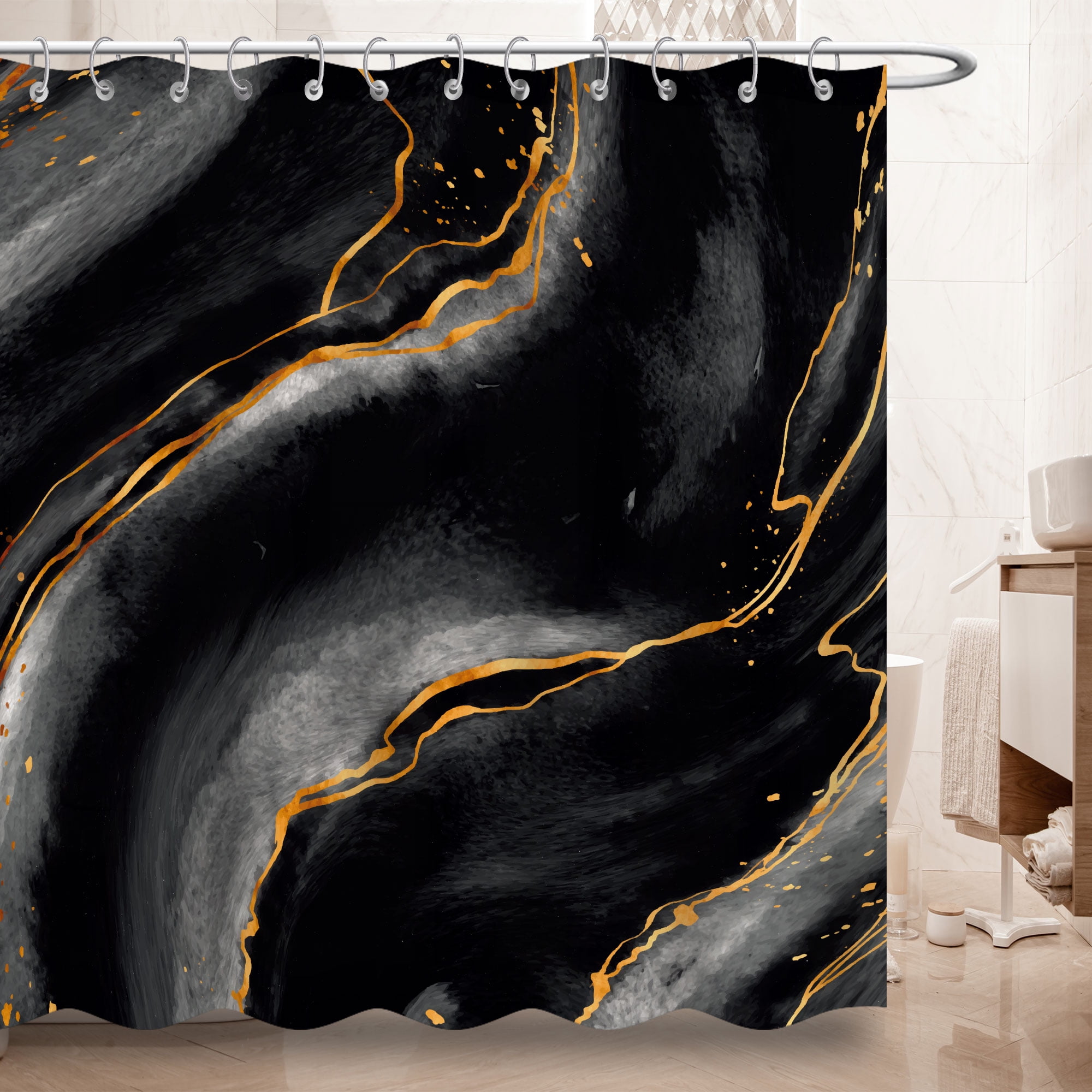 Marble Shower Curtain,Black and Gold Shower Curtain for Bathroom