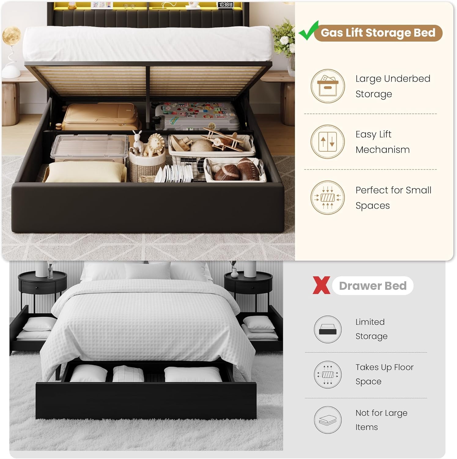 SHA CERLIN Full Size Lift Up Storage Bed Frame, LED Lights, Charging Station, 2-Tier Shelves Headboard, USB Type-C Ports, Velvet Upholstered, Hydraulic Support, Noise Free, Black
