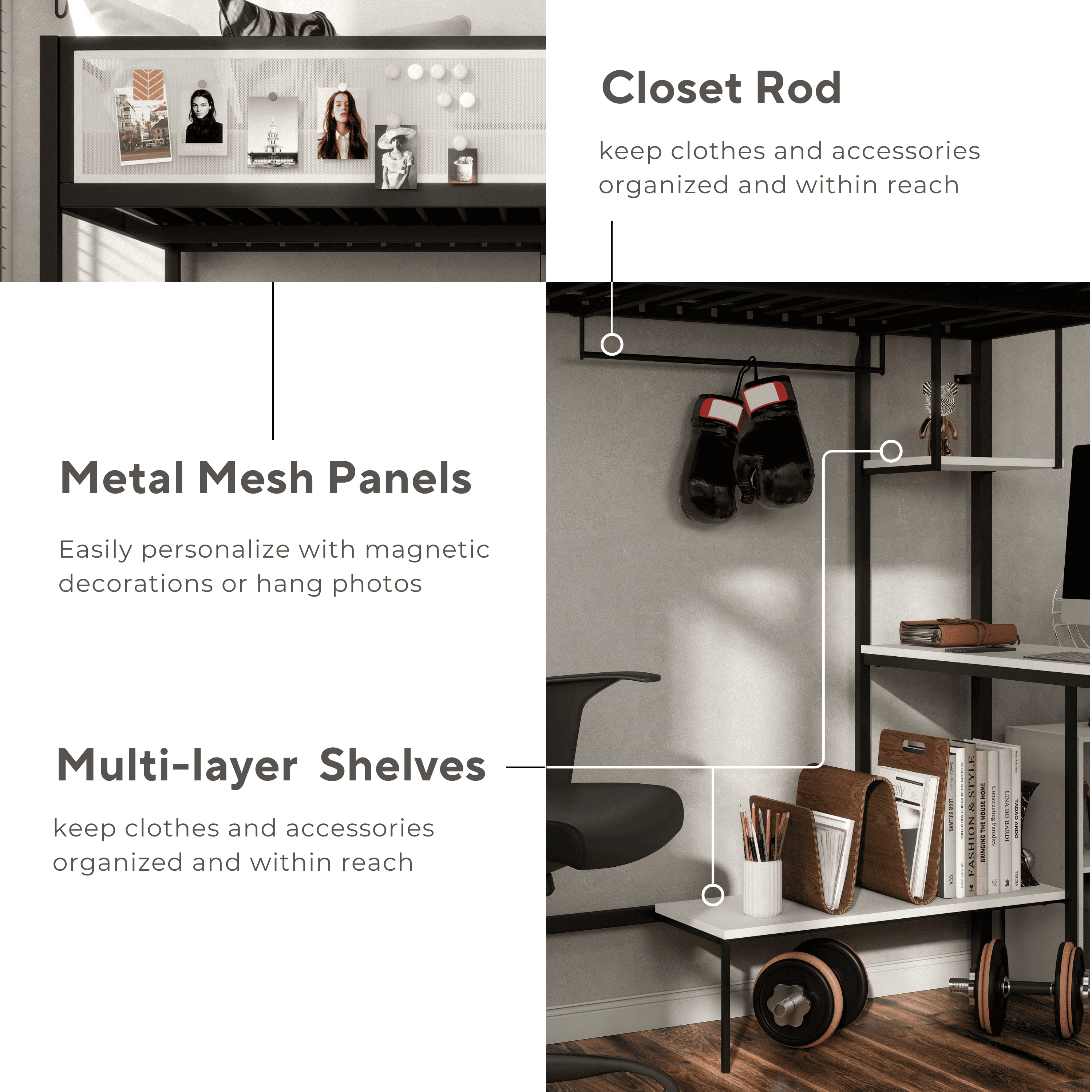 Furniture of America Veric Kids Black Full Loft Bed with Dual Desks, Two Shelves and Closet Rod