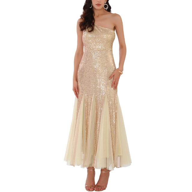 INSPIRE CHIC Vestido de cóctel de lentejuelas para mujer Maxi de un solo hombro estilo sirena para fiestas de graduación y bodas L Champagne