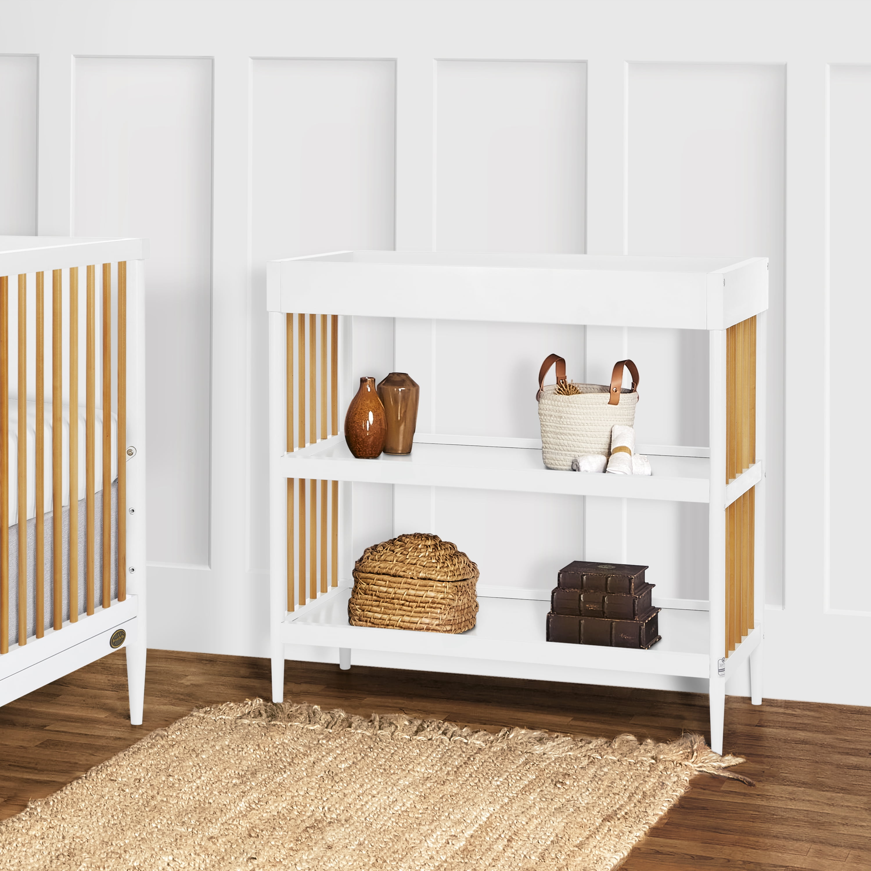 Bundle of Dream On Me Clover 4 in 1 Modern Island Crib with Rounded Spindles, Dream On Me Clover Changing Table, with a Dream On Me Honeycomb Firm Fiber Standard Crib Mattress, White And Natural
