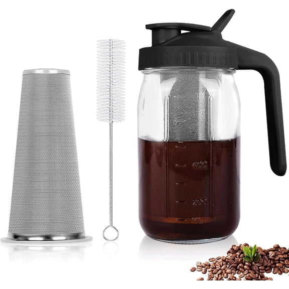 64 oz Mason Jar Pitcher with Stainless Steel Filter, Pour Spout Handle Lid, Heavy Duty Glass Airtight & Leak-Proof for Iced Coffee,Tea & Lemonade