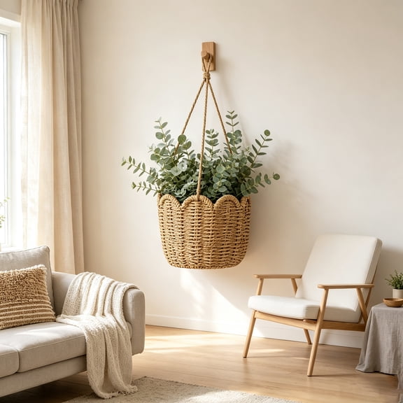 Hanging Planters for Indoor Plants, Natural Seagrass Woven Hanging Planter Basket with Scalloped Wave Edge, Handwoven Jute Rope Hanging Plant Holder for Wall Hanging Plants