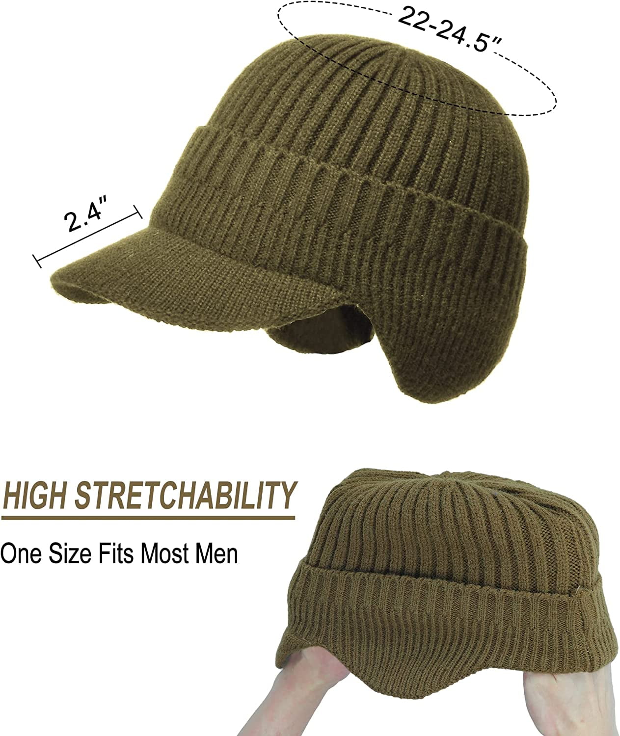 Men's Winter Visor Hat Beanie Hat with Earflaps Knitted Baseball