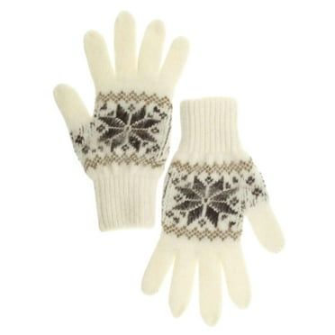 STP GOODS Snowflake Ornament Wool Women's Gloves in Size 17-18 Knit Gloves Winter Gloves for Women, White and Brown