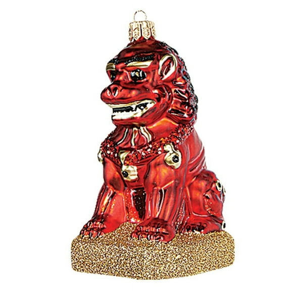 Red Chinese Guardian Lion Polish Mouth Blown Glass Christmas Ornament Decoration