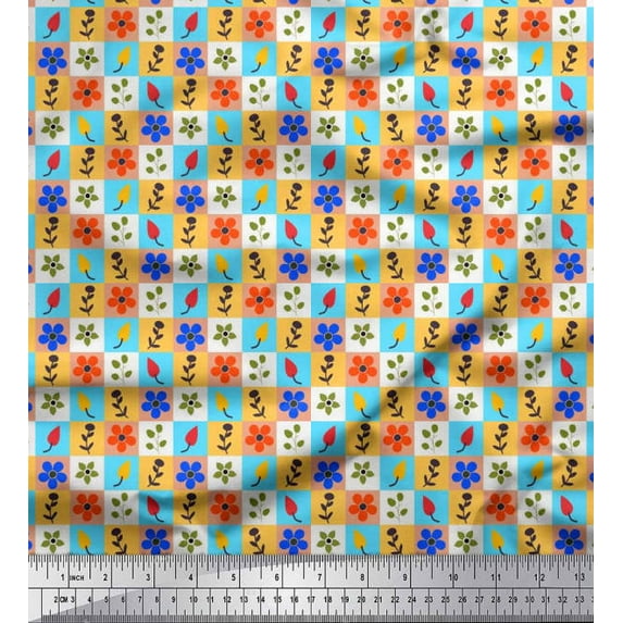 Soimoi polyester Crepe Fabric Check,Leaves & Floral Clip Art Print Fabric by the Yard 42 Inch Wide