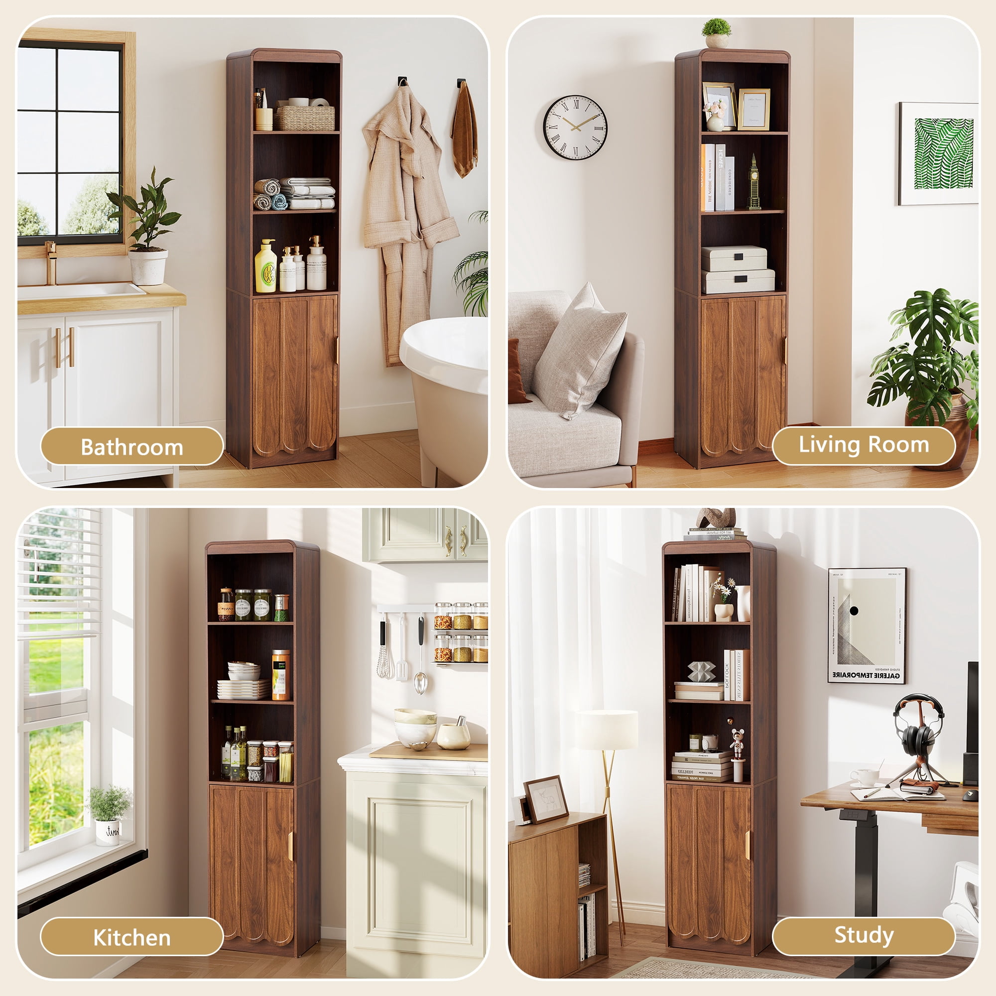 YOCWO 67" Tall Bathroom Storage Cabinet with Adjustable Shelves, 5 Tiers & 1 Door Bathroom Storage Tower with Wave Panel & Mental Handle, Freestanding Narrow Cabinet for Small Spaces, Walnut