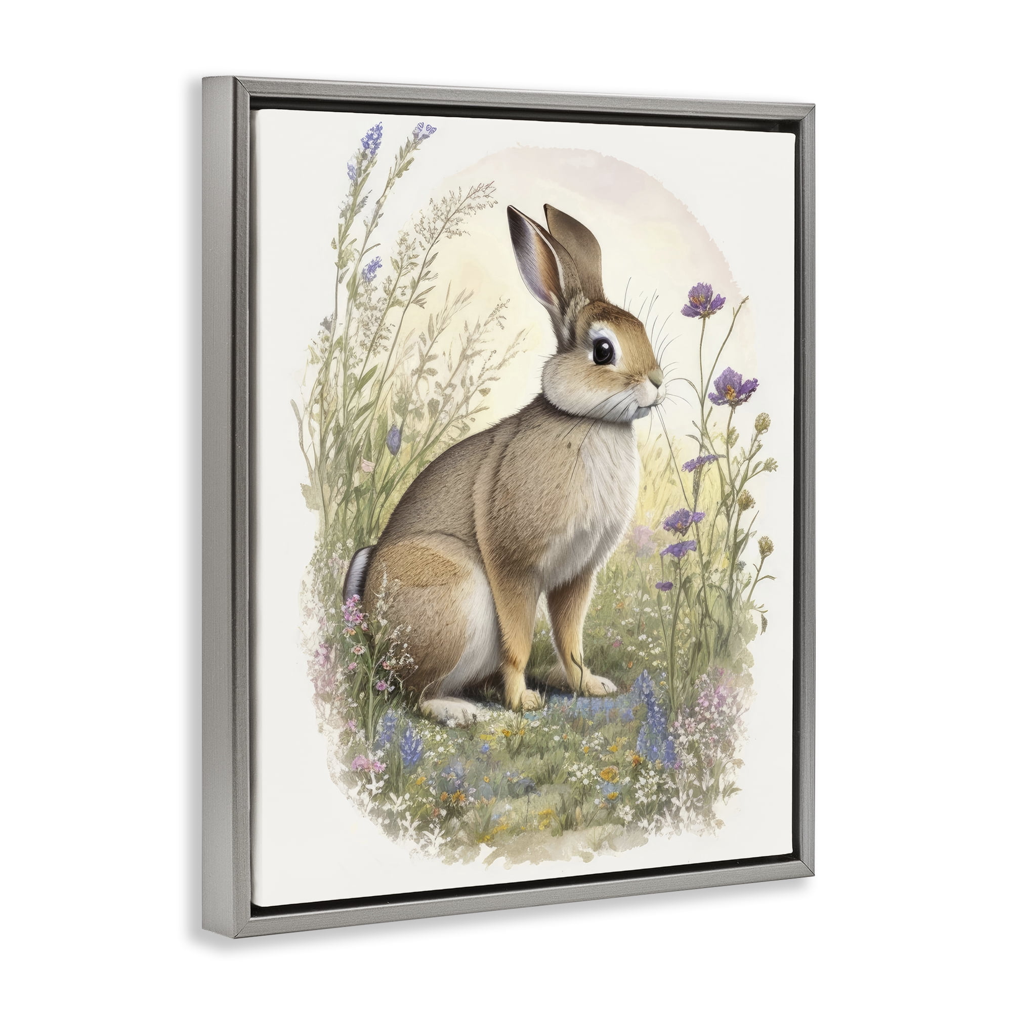 Stupell Industries Rabbit with Meadow Blooms Animals & Insects Painting Gray Floater Framed Canvas Art Print Wall Art, 17 x 21