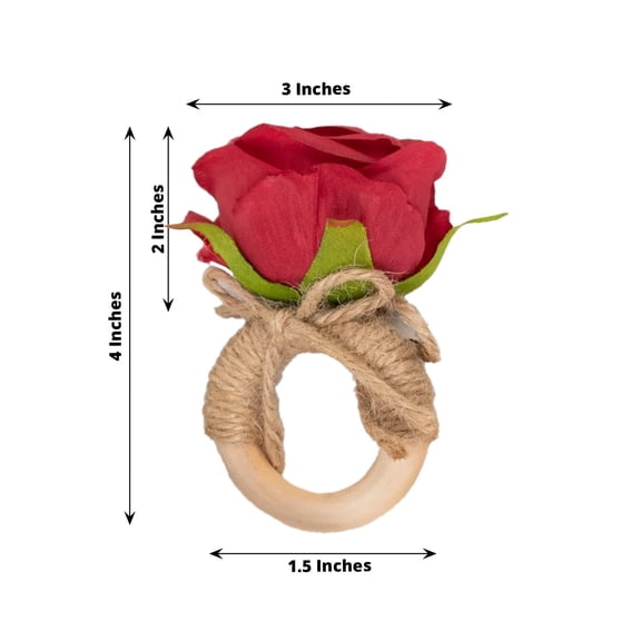 Efavormart 4 Pack Red Silk Rose Flower Wooden Napkin Rings, Rustic Boho Chic Floral Napkin Holders - 4"