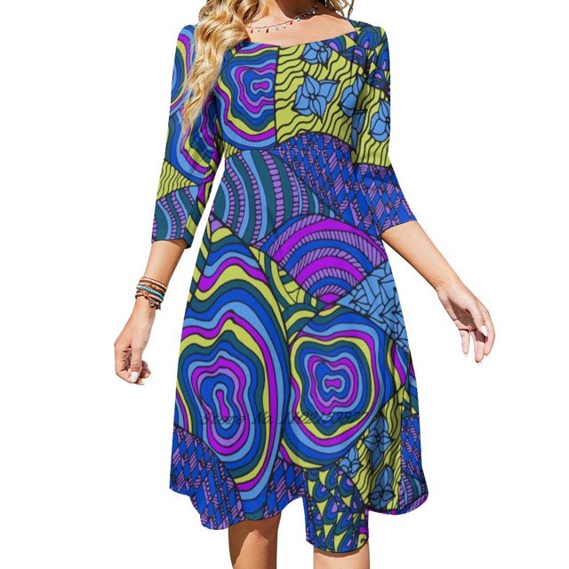 Robe Hippie Années 60 Imprimé Abstrait Poches Robes Imprimées pour Femmes Col en V Robe Décontractée Nouveau Design Abstrait Coloré Vif