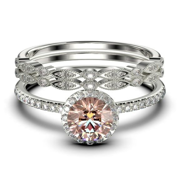 Dainty Art Deco 2.25 Carat Round Cut Morganite And Diamond Moissanite Engagement Ring, Wedding Ring in 925 Sterling Silver, White Gold Plating Trio set