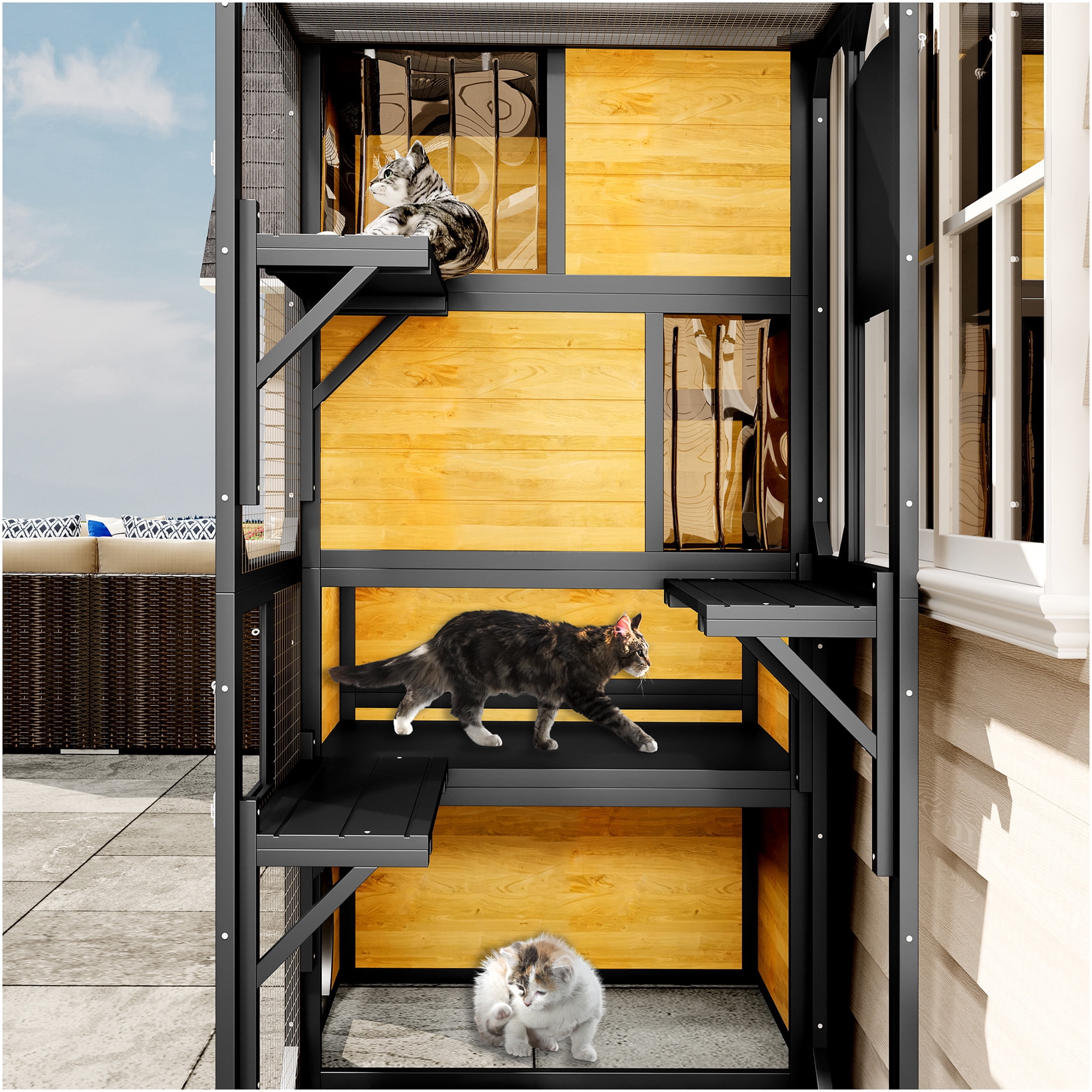 JERFIT 4-Tier Outdoor Catio Enclosure with Window Attachment, Weatherproof Large Cat House with Platforms, Lounges & Asphalt Roof for Multiple Pets, Brown