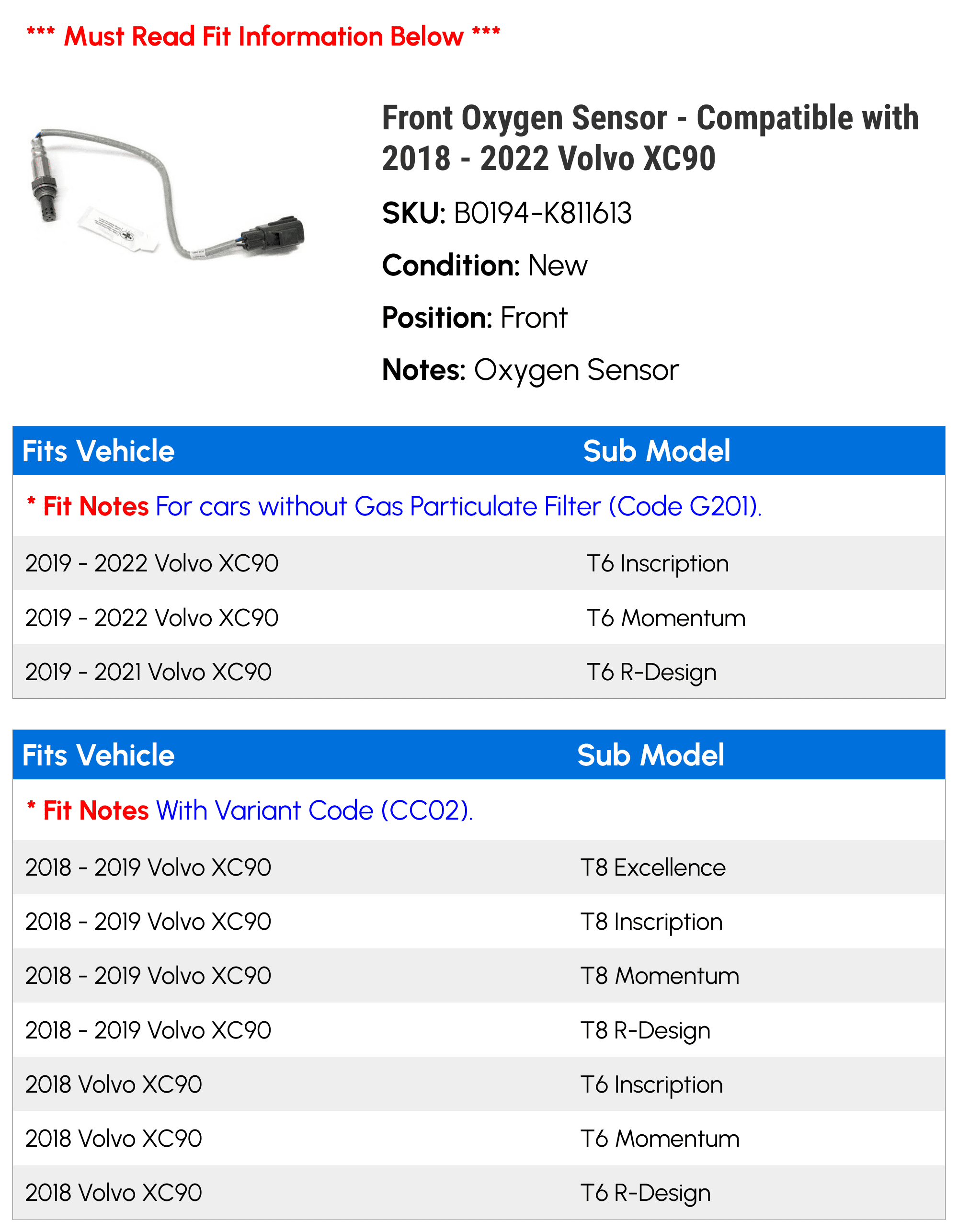 Front Oxygen Sensor - Compatible with 2018 - 2022 Volvo XC90 2019 2020 2021