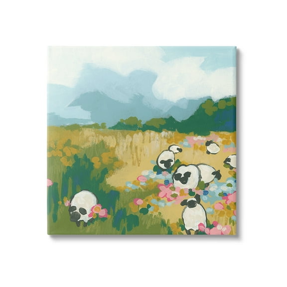 Stupell Industries Abstract Sheep & Flowers Landscape Painting Gallery Wrapped Canvas Art Print Wall Art, 17 x 17