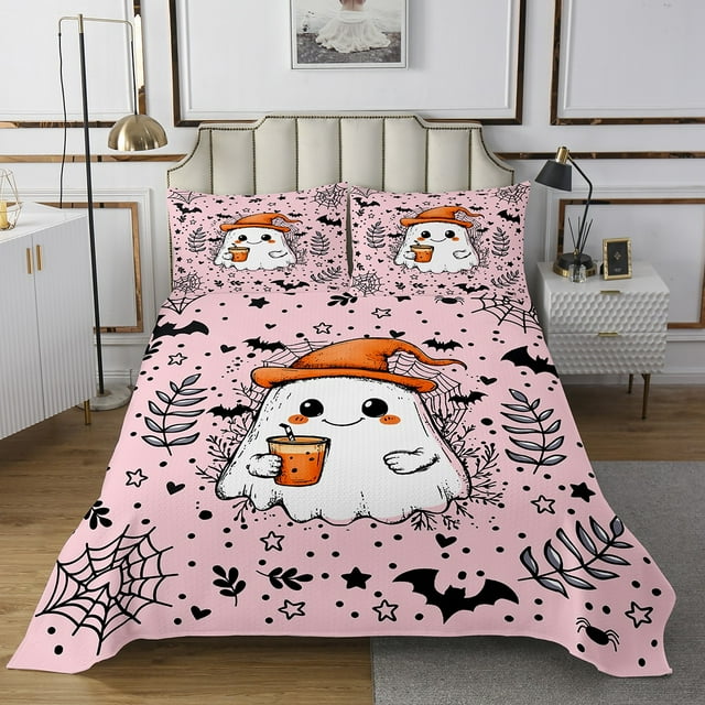 Erosebridal Kawaii Ghost Dessin Animé Halloween Bat Imprimé Couvre-Lit Réversible Lit Simple