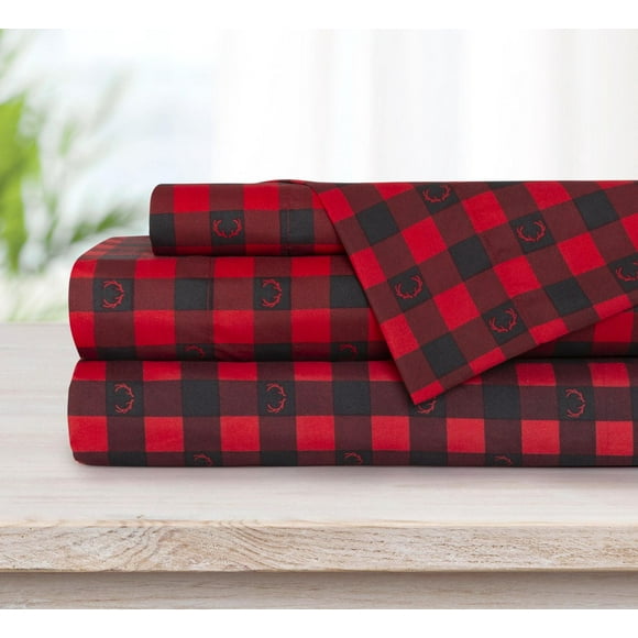 Safdie & Co. Premium Ultra Soft Bedding Printed Sheet Set 4PC Queen Buffalo Plaid With Deer Antlers