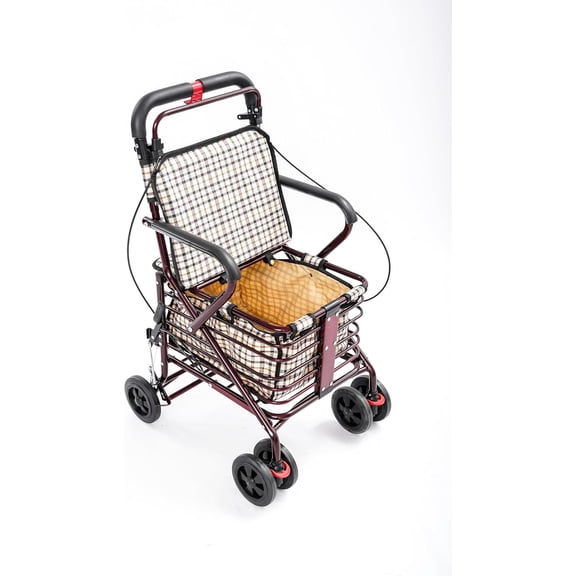 Storage Cart for Olders with Seat, Foldable Rolling Walker for Seniors, Walking Aids with Seat, Large Wheels, Shopping Basket, Brake System, Adjustable Backrest, Wine Red