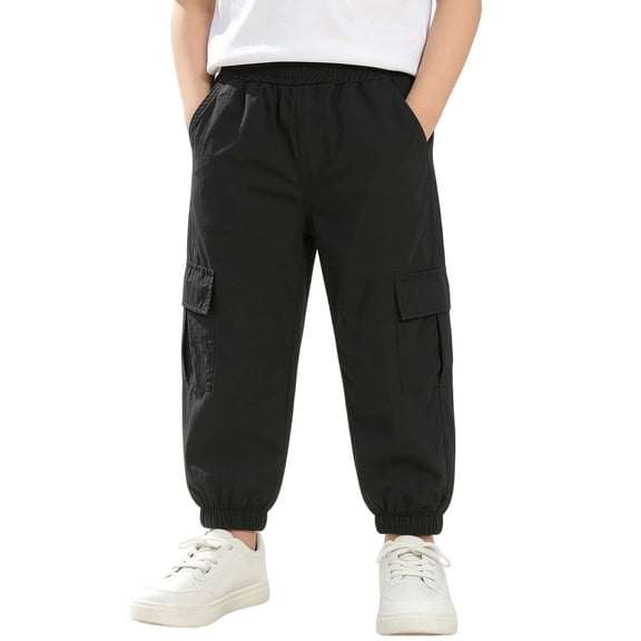 Cethrio Boys Cargo Pants Size 10-12, Relaxed Fit Elastic Bottom Casual Multi-pocket Summer Joggers Black