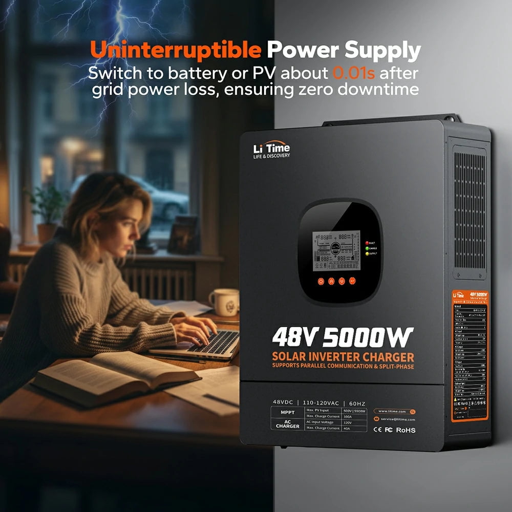LiTime 5000W Pure Sine Wave Inverter, 48V DC to 120V AC Solar Hybrid Inverter Charger, Parallel Split-Phase for 240V, Build in 100A MPPT Solar Charger Controller for Home Backup, Off-Grid, Farm