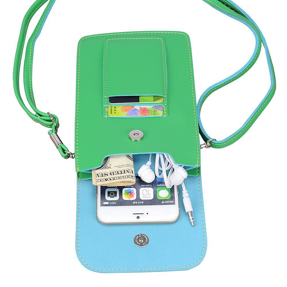 BUNDLE: Vegan Leather Vertical Crossbody Smartphone Pouch Wallet (Green) & Deluxe Stereo Hands-Free Headset (Black) - for Smartphones up to 6.5-inch, Shoulder Strap, Headphones w/ Microphone