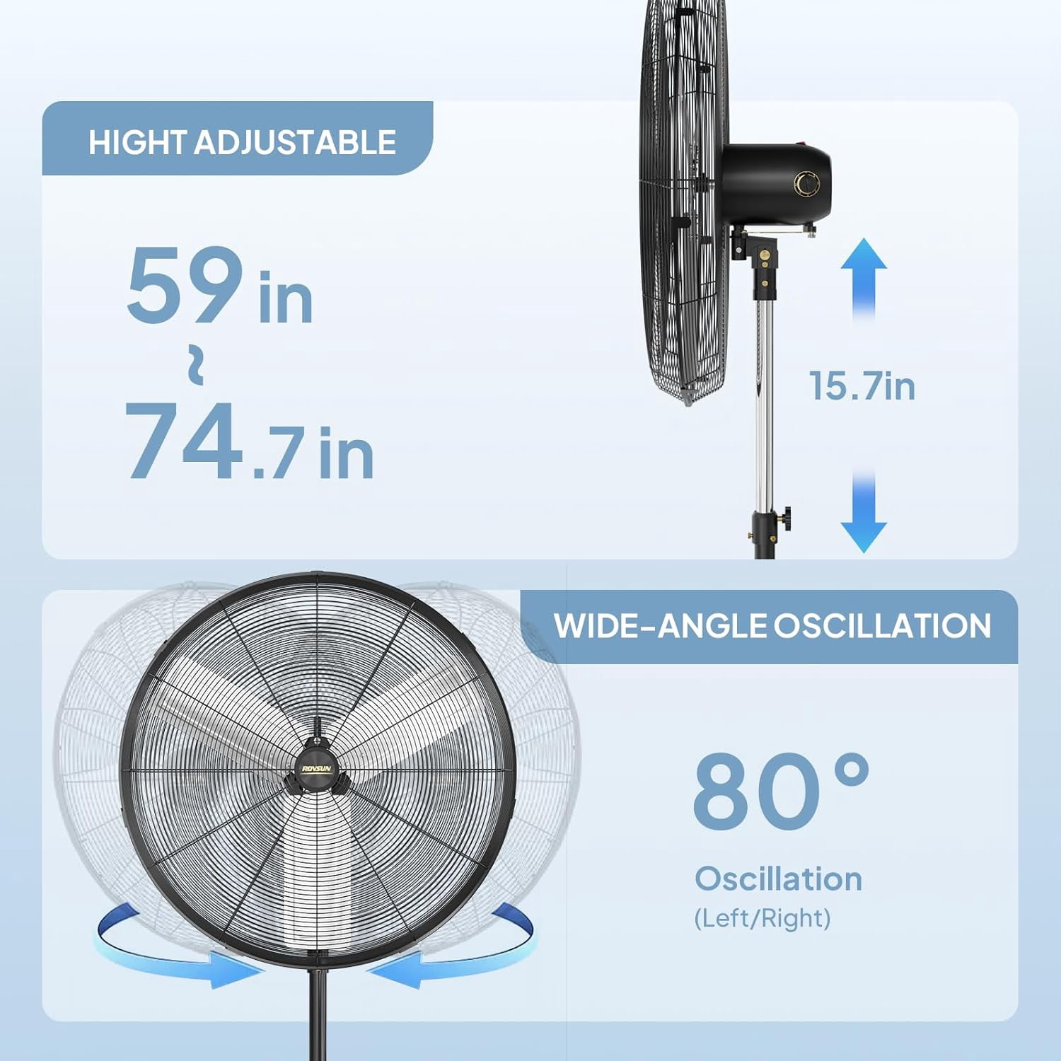 VINGLI 30 Inch Industrial Standing Fan, 8600CFM High Velocity Pedestal Fan, Heavy Duty Metal Fan with One-touch Oscillating Function, Adjustable Height