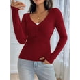 thumbnail image 4 of Women'S Long Sleeve Shirt V-Neck Buttons Ribbed Knit Slim Fit Casual Basic Spring Autumn Tops Wine Red XL, 4 of 9