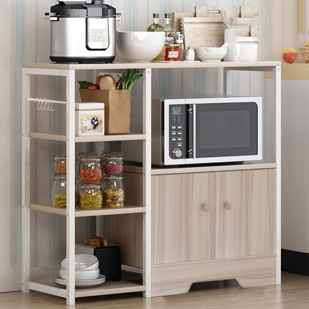 Estantes organizadores de cocina, aparador de 3 niveles, soporte para microondas con 5 ganchos para comedor, gabinete de café, Estante con Gabinete, Estante de almacenamiento para sala de e