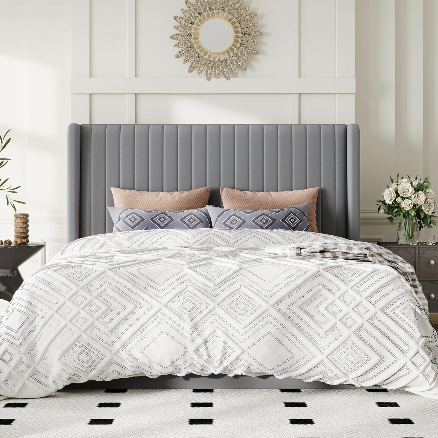 Allewie Full Size Lift Up Storage Bed Frame, Hydraulic Support System, Upholstered Platform Bed Frame, Vertical Channel Tufted Headboard with Wingback, Grey