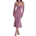 thumbnail image 1 of xiaxaixu Robe Midi Élégante pour Femmes, Bretelles Licou, Décolleté Bas, Manches Longues, Couleur Unie, Robe de Soirée Sirène, 1 of 9