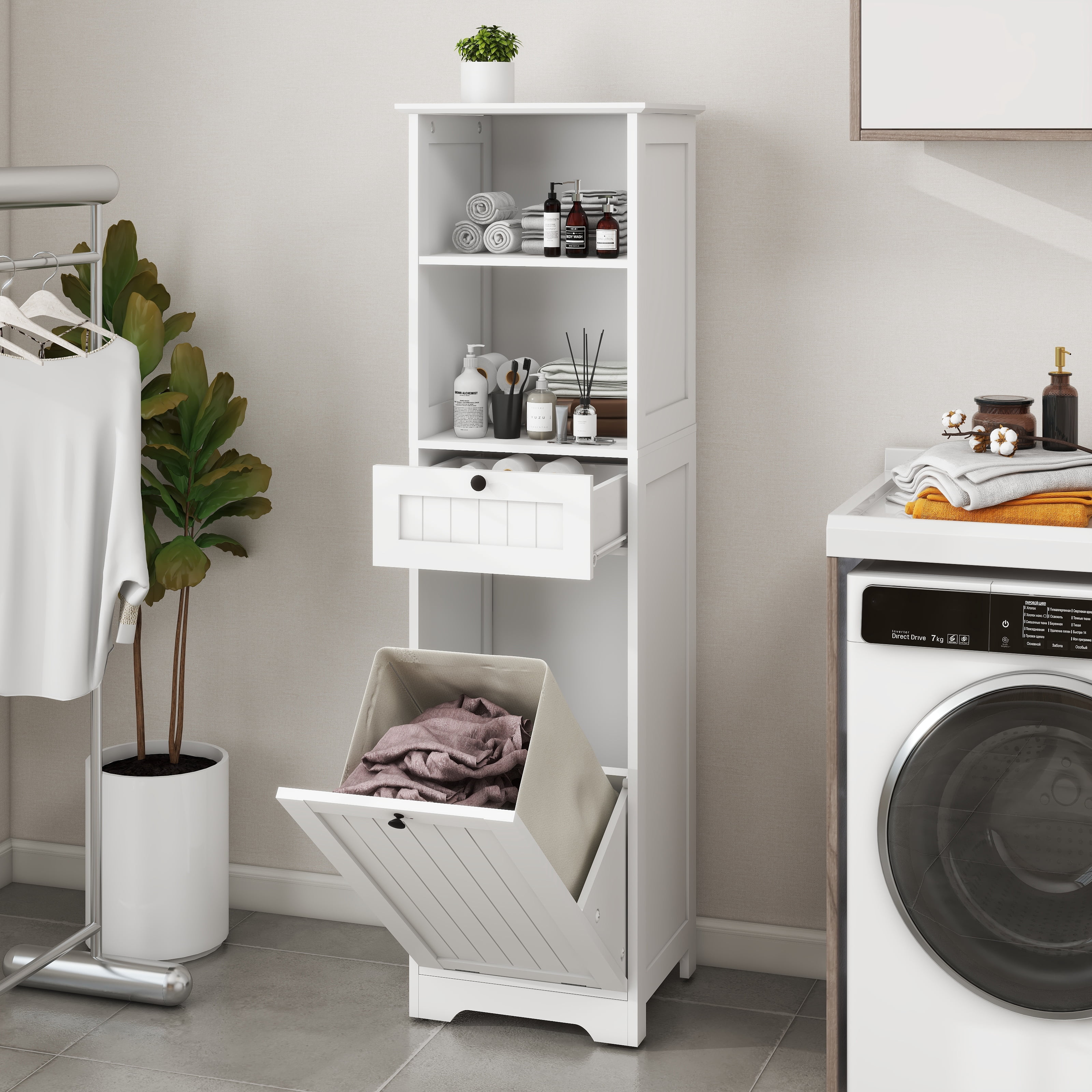 Mintazer Narrow Laundry Storage Cabinet with Open Shelves, Freestanding Slim Linen Tower with Drawer & Tilt-Out Laundry Hamper for Bathroom Laundry Room Balcony Hallway, White
