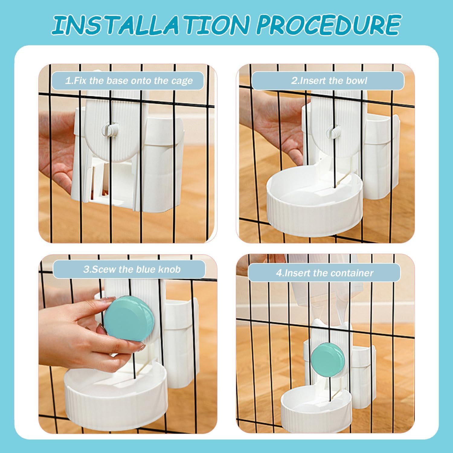 Hanging Automatic Rabbit Feeder and Water Dispenser Set, Gravity Rabbit Feeder Waterer for Cage, Small Animal Hanging Bottle Bowl Set, Food Water Dispenser for Cat Dog Bunny Guinea (Blue)