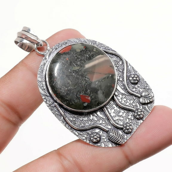 African Bloodstone Round Gemstone Pendant Handmade Fashion Jewelry 2.70" FP 1076