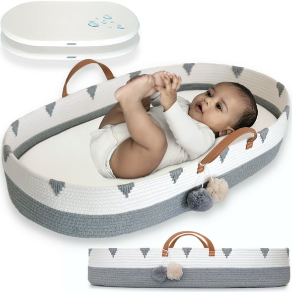 Vesta Baby Cotton Rope Portable Moses Baby Changing Basket Set - Unisex - Boho Gray & White