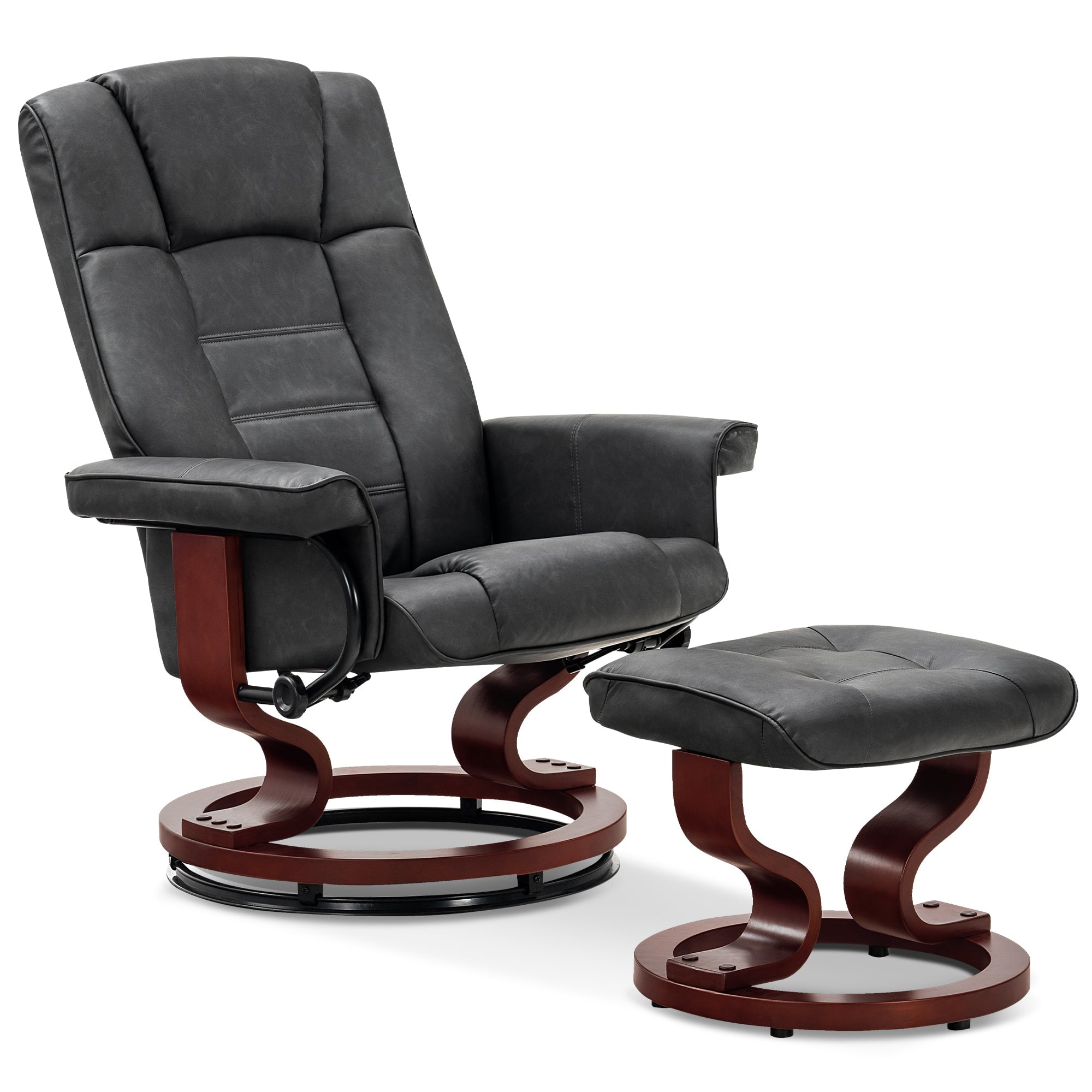 MCombo Swivel Recliner Chair with Wood Base and Ottoman, Faux Leather