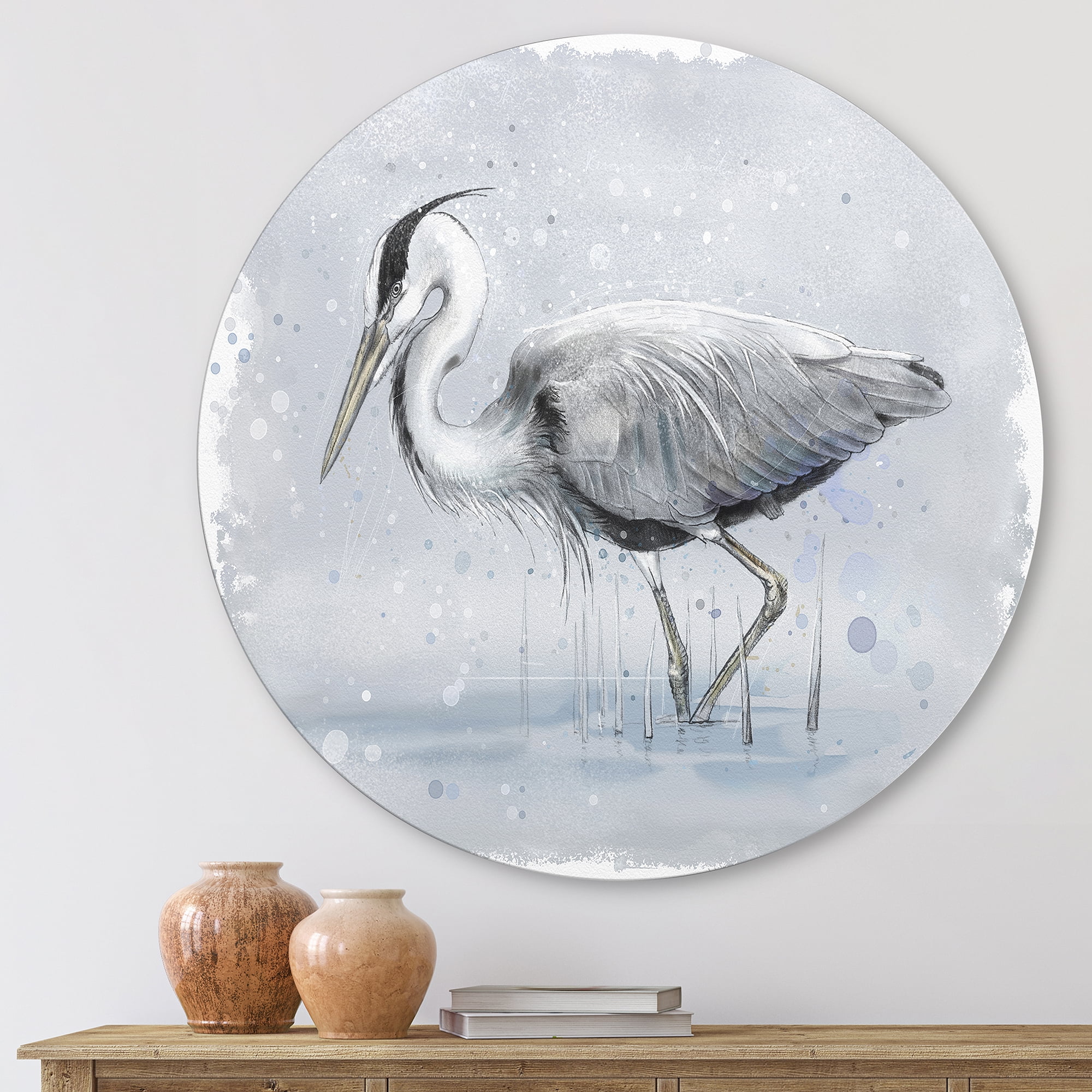 Designart 'Grey Heron Bird In Lake' Farmhouse Circle Metal Wall Art 11x11 - Disc of 11