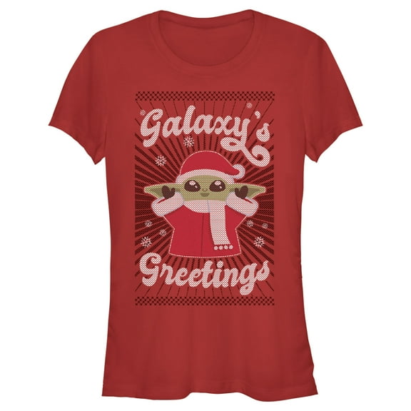 Junior's Star Wars: The Mandalorian Christmas Grogu Galaxy's Greetings Cute Graphic Tee Red 2X Large