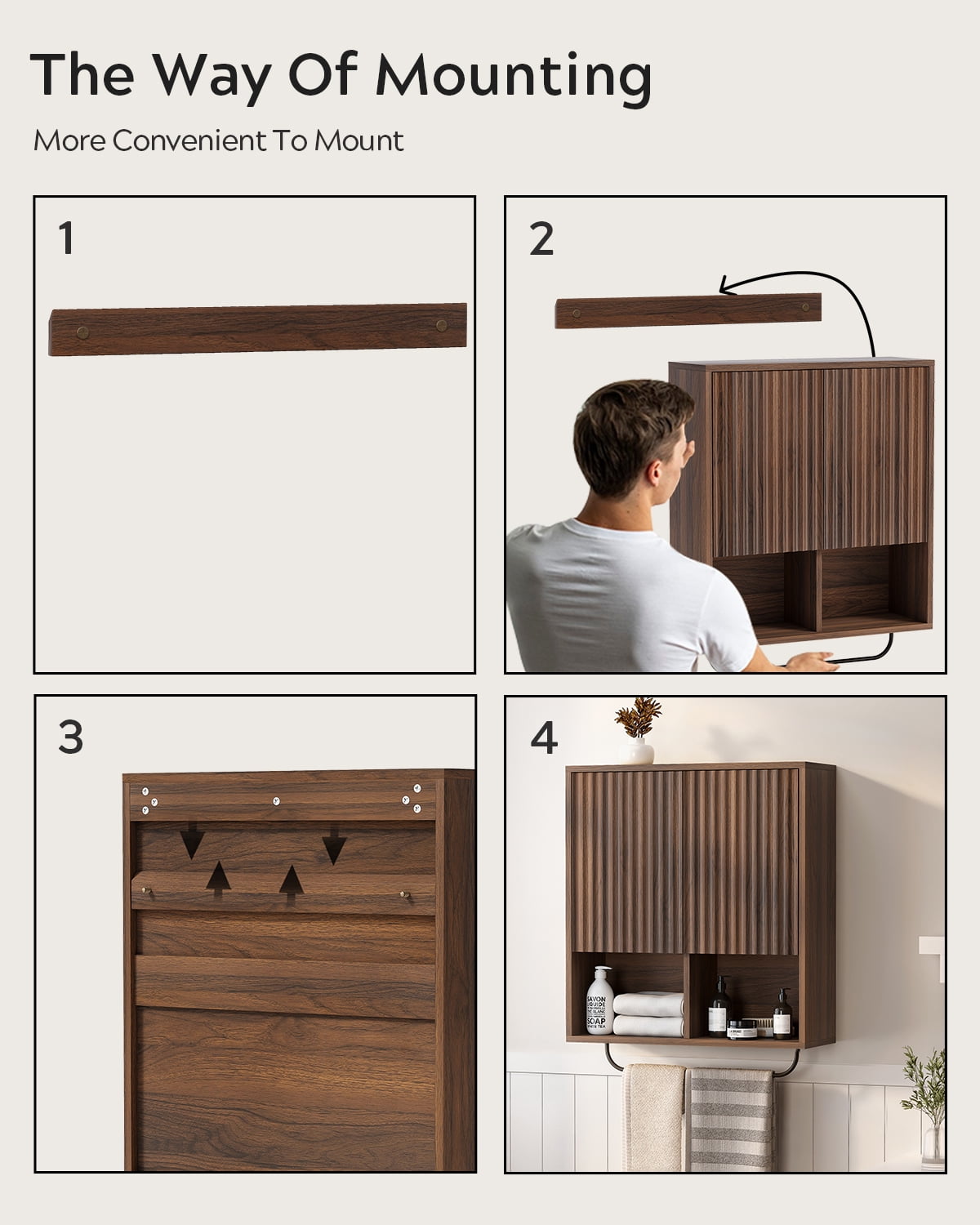 EYYTHUNG Fluted Wooden Medicine Cabinet Storage, Brown Bathroom Wall Cabinet with 2 Doors Adjustable Shelf and Towels Bar