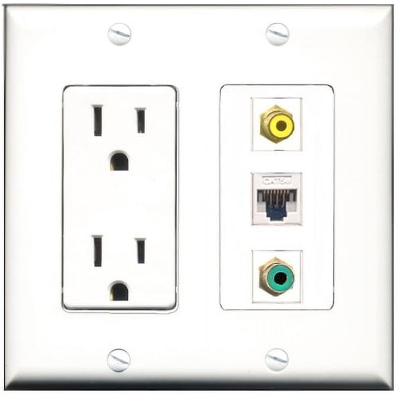 RiteAV - 15 Amp Power Outlet 1 Port RCA Yellow 1 Port RCA Green 1 Port Cat5e Ethernet White Decorative Wall Plate