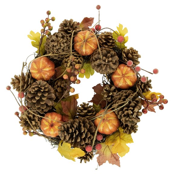 Northlight Pinecones, Pumpkins and Frosted Berries Small Artificial Fall Harvest Wreath - 14"
