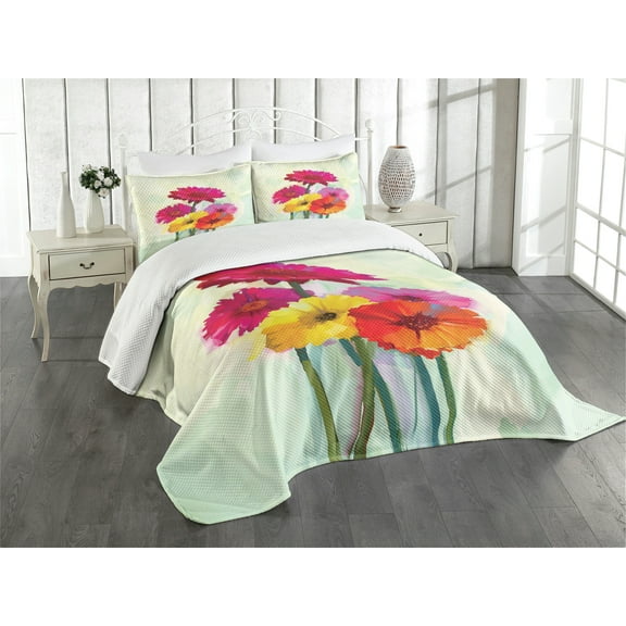 Ambesonne Gerber Daisy Quilted Bedspread Set 3 Pcs, Oil Painting Flowers, King Size, Multicolor