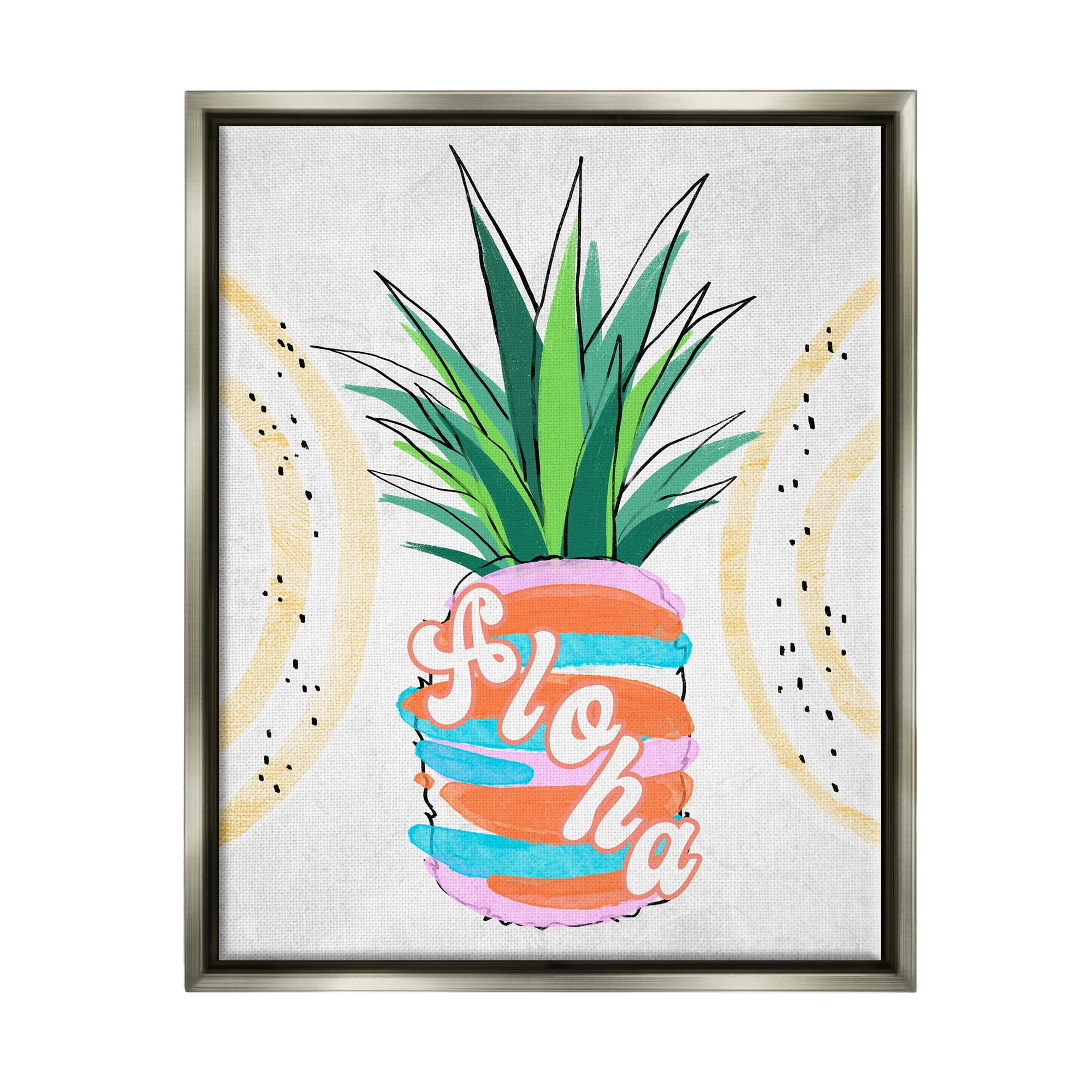 Stupell Industries Tropical Aloha Pineapple Bold Leaves Groovy Text Graphic Art Luster Gray Floating Framed Canvas Print Wall Art, Design by Ziwei Li