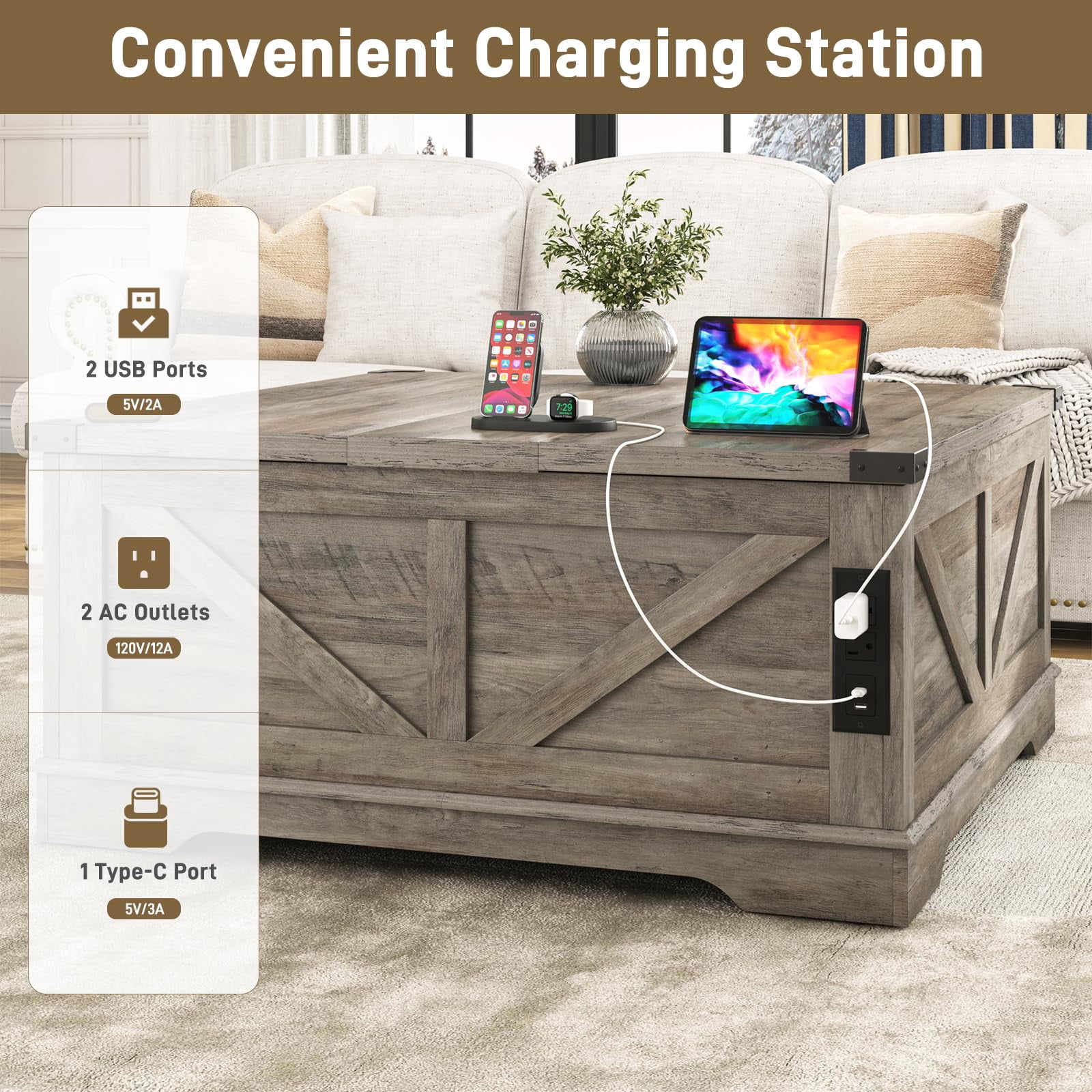 40" Large Farmhouse Lift Top Coffee Table with Power Outlets, Square Wood Living Room Table with Large Hidden Storage, Multi-Function Lift Wooden Barn Door Center Table, Gray