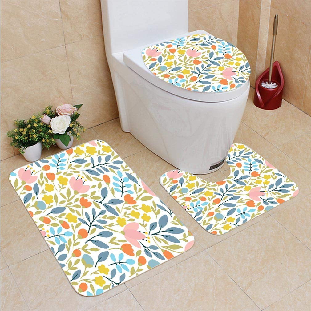 PUDMAD Elegant Seamless Flowers 3 Piece Bathroom Rugs Set Bath Rug