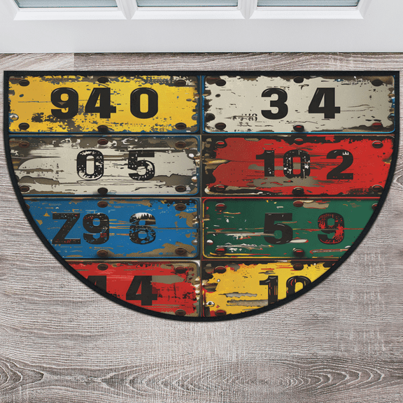 CURLYOOT Vintage License Plate Numbers Half Round Door Mat 40'' x 63'', Indoor Outdoor Entrance Rug, Semi Circular Area Rug, Non Slip Washable Absorbent Doormat, Laundry Room Rug