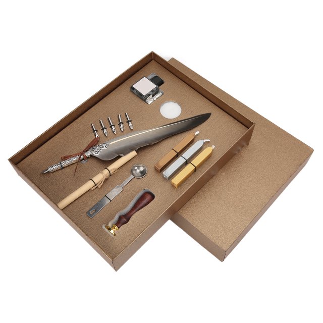 Juego de pluma de pluma Escritura suave Diseño retro Apariencia tallada Kit de pluma de caligrafía para regalo de escrituraSFDPS038031 Pluma gris puntiaguda