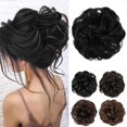 thumbnail image 2 of Pelo negro oscuro, postizos grandes, rizos, ondulados, coletero, moño falso de cabello natural, elástico para mujeres y niñas, 2 of 5